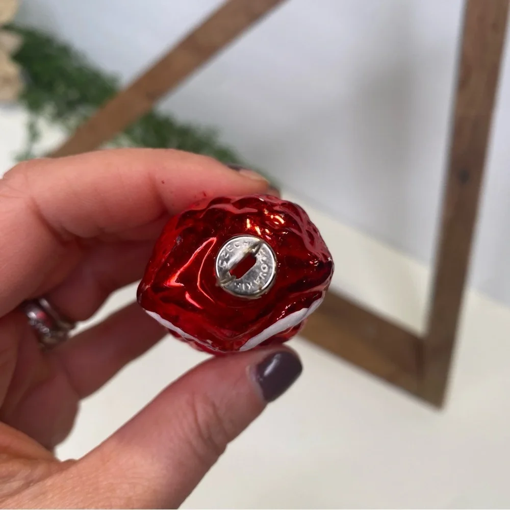 Vintage Red Hand Blown Glass Owl Ornament Made in Czechoslovakia Big White Eyes
